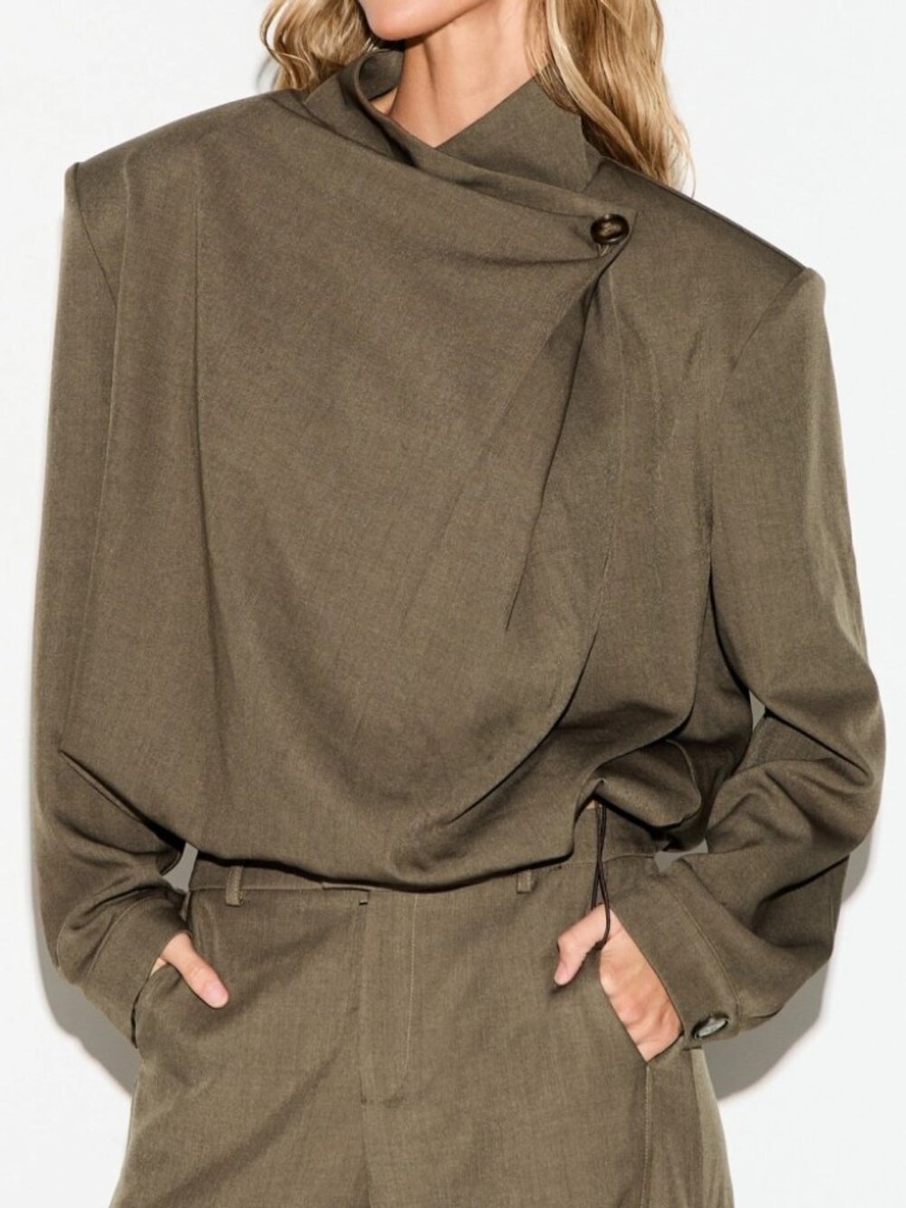 Olive Brown Draped Asymmetric Blazer with Button Wrap Collar